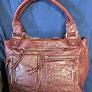Bueno Burgundy Washed Faux Leather Triple Compartment Shoulder Bag